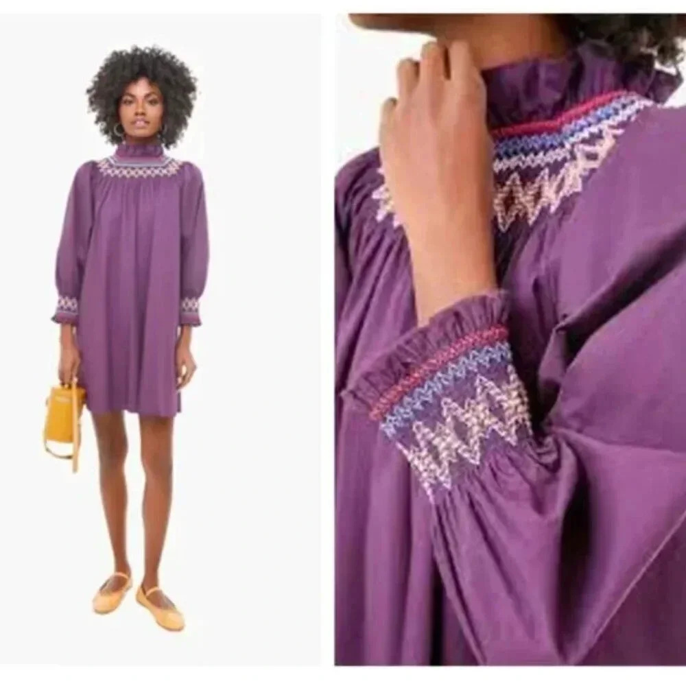 Pomander Place Wrenley Dress Smocked Embroidered Plum Purple NWOT Size XS